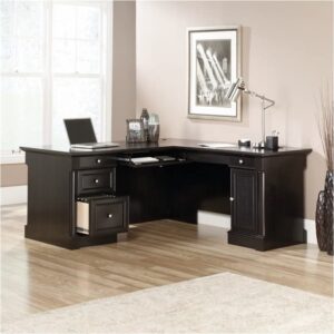 Pemberly Row Home Office L Shaped Desk with Computer Tower Storage in Wind Oak