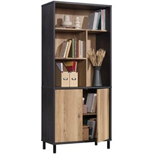sauder acadia way 5-shelf tall bookcase with doors in raven oak, raven oak finish