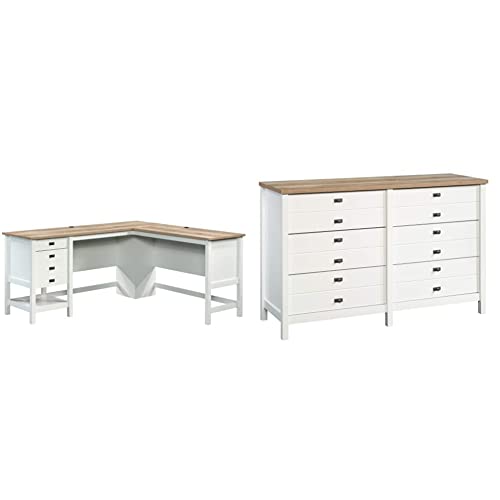 Sauder Cottage Road L-Desk, L: 65.11" x W: 58.66" x H: 29.76", Soft White Finish & Cottage Road Dresser, L: 56.77" x W: 19.29" x H: 35.35", Soft White Finish