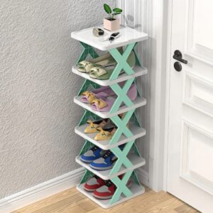 6 tier narrow shoe rack, small vertical shoe stand, space saving diy free standing shoes storage organizer for entryway, closet, hallway, easy assembly and stable in structure, white and green