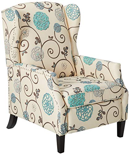 GDFStudio Westeros Traditional Wingback Fabric Recliner Chair (White & Blue Floral)