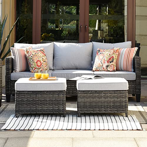 ovios Patio Furniture, Outdoor Furniture Sets, Modern Wicker Patio Furniture Sectional and 2 Pillows, All Weather Garden Patio Sofa, Backyard, Steel (Grey)