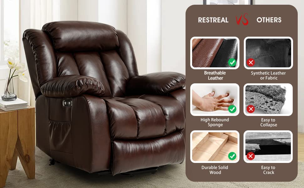 COOSLEEP Lay Flat Sleeping Dual OKIN Motor Lift Chair Recliners for Elderly with Heat and Massage Up to 350 LBS,Breathable Leather with Breathable microporous,USB Ports (Brown)