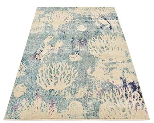 Unique Loom Positano Collection Coastal Modern Coral Lobster Shells Light Blue Area Rug (4' x 6')