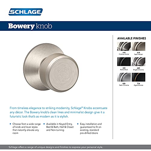 Schlage F40 BWE 622 Bowery Door Knob, Bed & Bath Privacy Lock, Matte Black