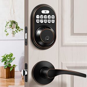 Keyless Entry Door Lock with 2 Lever Handles - Veise Electronic Keypad Deadbolt, Auto Lock, Back Lit & Easy Installation Design, Front Door Handle Sets, Oil Rubbed Bronze