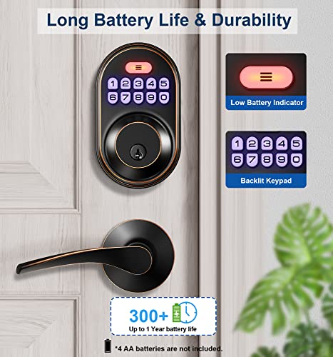 Keyless Entry Door Lock with 2 Lever Handles - Veise Electronic Keypad Deadbolt, Auto Lock, Back Lit & Easy Installation Design, Front Door Handle Sets, Oil Rubbed Bronze