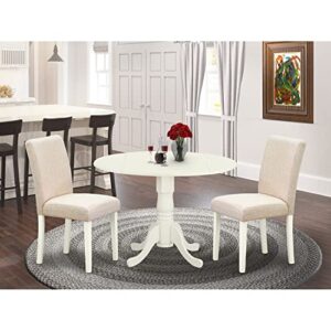 east west furniture dlab3-lwh-02 3pc round 42″ dining room table with two 9-inch drop leaves and 2 parson chair white leg and linen fabric light beige, 3 pieces