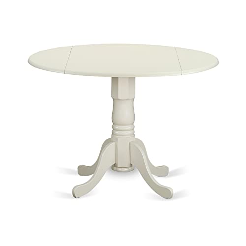 East West Furniture DLAB3-LWH-02 3Pc Round 42" Dining Room Table With Two 9-Inch Drop Leaves And 2 Parson Chair White Leg And Linen Fabric Light Beige, 3 Pieces