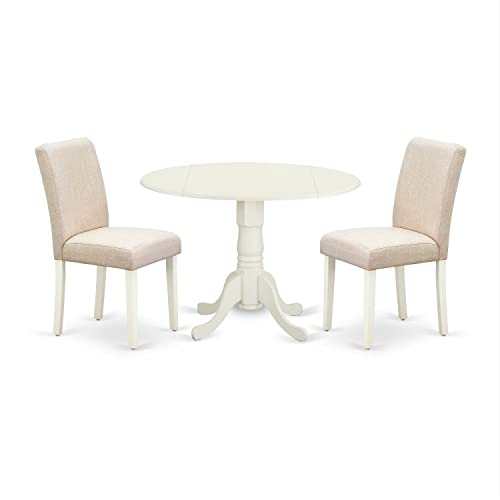 East West Furniture DLAB3-LWH-02 3Pc Round 42" Dining Room Table With Two 9-Inch Drop Leaves And 2 Parson Chair White Leg And Linen Fabric Light Beige, 3 Pieces