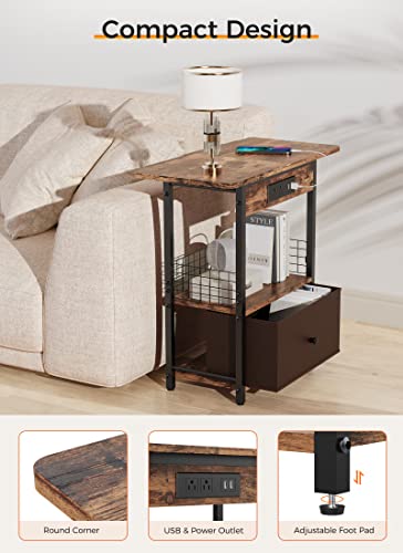 GiveBest End Table with Charging Station, Narrow Side Table with Cloth Drawer and Open Storage, Sofa Table with USB Ports and Outlets, Slim Bedside Table with Open Shelves for Living Room, Office