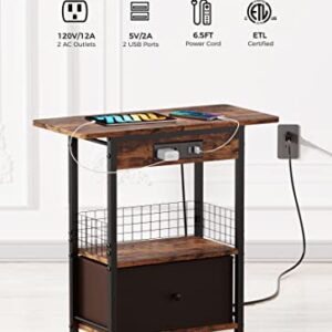 GiveBest End Table with Charging Station, Narrow Side Table with Cloth Drawer and Open Storage, Sofa Table with USB Ports and Outlets, Slim Bedside Table with Open Shelves for Living Room, Office