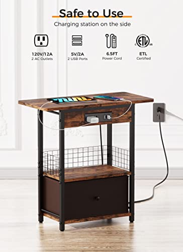 GiveBest End Table with Charging Station, Narrow Side Table with Cloth Drawer and Open Storage, Sofa Table with USB Ports and Outlets, Slim Bedside Table with Open Shelves for Living Room, Office