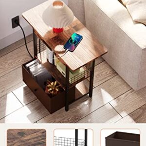 GiveBest End Table with Charging Station, Narrow Side Table with Cloth Drawer and Open Storage, Sofa Table with USB Ports and Outlets, Slim Bedside Table with Open Shelves for Living Room, Office