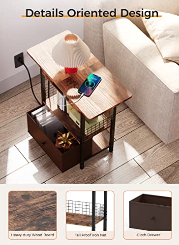 GiveBest End Table with Charging Station, Narrow Side Table with Cloth Drawer and Open Storage, Sofa Table with USB Ports and Outlets, Slim Bedside Table with Open Shelves for Living Room, Office