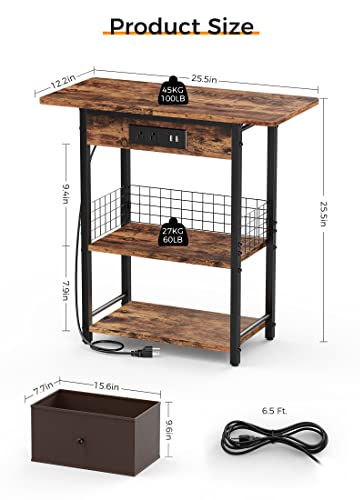 GiveBest End Table with Charging Station, Narrow Side Table with Cloth Drawer and Open Storage, Sofa Table with USB Ports and Outlets, Slim Bedside Table with Open Shelves for Living Room, Office