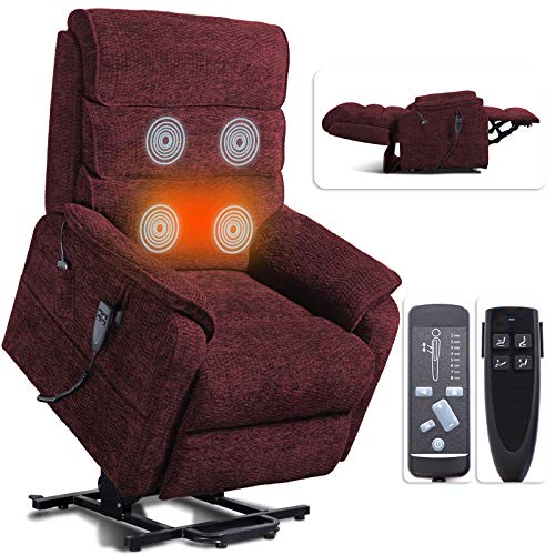 Irene House 9188 Dual OKIN Motor Lay Flat Recliner Lift Chair Recliners for Elderly Infinite Position with Heat Massage Up to 300 LBS Electric Power Lift Recliner Chair Sofa (Red Chenille)