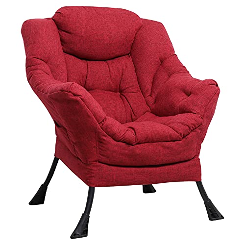 MEETWARM Modern Cotton Fabric Lazy Chair, Accent Contemporary Lounge Chair, Upholstered Single Leisure Sofa Chair with a Side Pocket, Armrests and Thick Padded Back for Living Room Bedroom (Red)