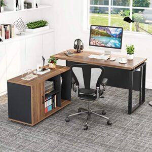 LITTLE TREE 55 inches Executive Desk and 39" File Cabinet,Modern L-Shaped Computer Desk Business Furniture Set with Storage Mobile Printer Stand for Home Office,Walnut