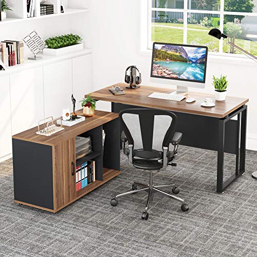 LITTLE TREE 55 inches Executive Desk and 39" File Cabinet,Modern L-Shaped Computer Desk Business Furniture Set with Storage Mobile Printer Stand for Home Office,Walnut