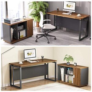 LITTLE TREE 55 inches Executive Desk and 39" File Cabinet,Modern L-Shaped Computer Desk Business Furniture Set with Storage Mobile Printer Stand for Home Office,Walnut