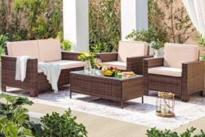 homall 4 pieces outdoor patio furniture sets rattan chair wicker conversation sofa set, indoor backyard porch garden poolside balcony use (beige)