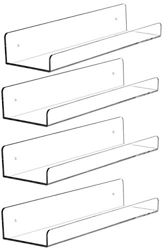 Cq acrylic 15" Invisible Acrylic Floating Wall Ledge Shelf, Wall Mounted Nursery Kids Bookshelf, Invisible Spice Rack, Clear 5MM Thick Bathroom Storage Shelves Display Organizer, 15" L,Set of 4