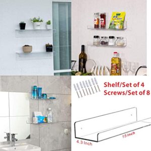 Cq acrylic 15" Invisible Acrylic Floating Wall Ledge Shelf, Wall Mounted Nursery Kids Bookshelf, Invisible Spice Rack, Clear 5MM Thick Bathroom Storage Shelves Display Organizer, 15" L,Set of 4