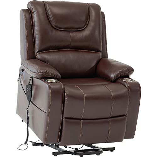 Gold Thumb Dual Motor Power Lift Recliner Chair Infinite Position for Elderly Electric Chair with Massage and Heating Faux Leather Living Room Chair with Cup Holder Pillow 9196(Brown)