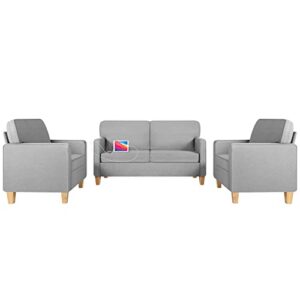 aodailihb 3 piece sofa set living room furniture sets with 2 usb charging ports, upholstered sectional couch sets, loveseat & 2 accent chairs, grey couches apartment office small space (3, light grey)