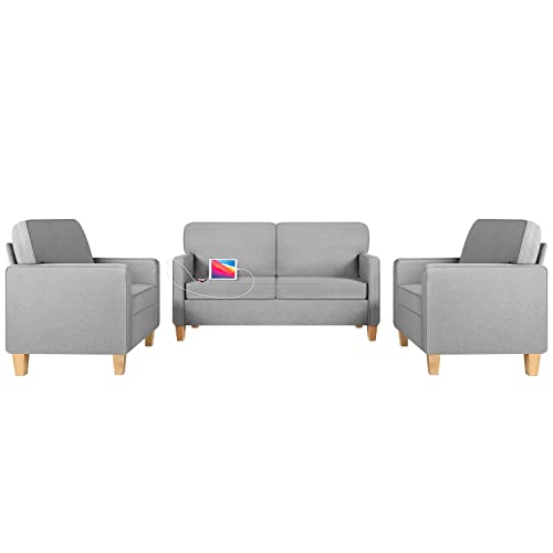 AODAILIHB 3 Piece Sofa Set Living Room Furniture Sets with 2 USB Charging Ports, Upholstered Sectional Couch Sets, Loveseat & 2 Accent Chairs, Grey Couches Apartment Office Small Space (3, Light Grey)