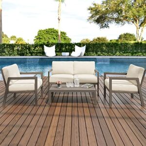 bella villa patio furniture set – 4 piece outdoor metal frame all-weather sofa set with 1 loveseat 2 patio chairs, 1 coffee table for lawn, backyard, deck, garden (white)