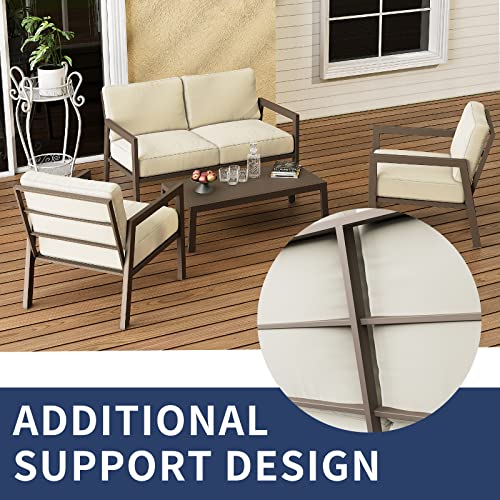 Bella Villa Patio Furniture Set - 4 Piece Outdoor Metal Frame All-Weather Sofa Set with 1 Loveseat 2 Patio Chairs, 1 Coffee Table for Lawn, Backyard, Deck, Garden (White)