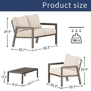 Bella Villa Patio Furniture Set - 4 Piece Outdoor Metal Frame All-Weather Sofa Set with 1 Loveseat 2 Patio Chairs, 1 Coffee Table for Lawn, Backyard, Deck, Garden (White)