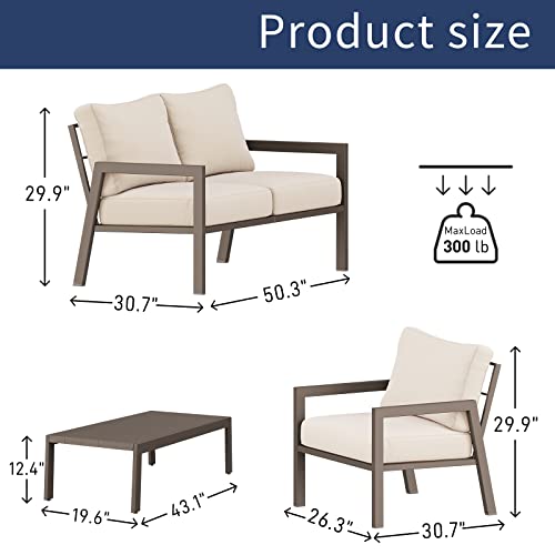 Bella Villa Patio Furniture Set - 4 Piece Outdoor Metal Frame All-Weather Sofa Set with 1 Loveseat 2 Patio Chairs, 1 Coffee Table for Lawn, Backyard, Deck, Garden (White)