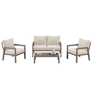 Bella Villa Patio Furniture Set - 4 Piece Outdoor Metal Frame All-Weather Sofa Set with 1 Loveseat 2 Patio Chairs, 1 Coffee Table for Lawn, Backyard, Deck, Garden (White)