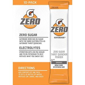 the gatorade gatorade g zero, sugar free powder sticks, 0.10oz packets (mixes with 20 ounces of water) 10 pack (orange), 20 fl oz (pack of 10)