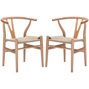 poly and bark weave modern wooden mid-century dining chair, hemp seat, natural (set of 2)