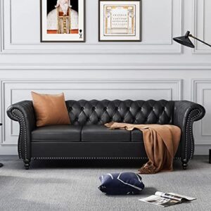 avzear leather sofa 3 seater couch, large sofa furniture roll arm classic tufted chesterfield settee leather sofa with channel tufted seat back for living room, black pu