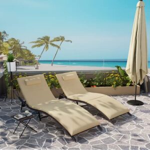 Kullavik Lounge Chairs for Outside,3 Pieces Chaise Lounge Outdoor Folding Pool Lounge Chairs Including Table Rattan Patio Furniture Set,Sand