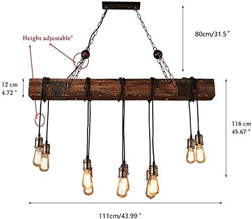 10-Lights Chandelier Wooden Retro Rustic Pendant Light - Industrial Suspension Light line can be Adjusted Freely - Distressed Wood Chandelier for Dining Table Vintage Kitchen, Bar, Island, Billiard.