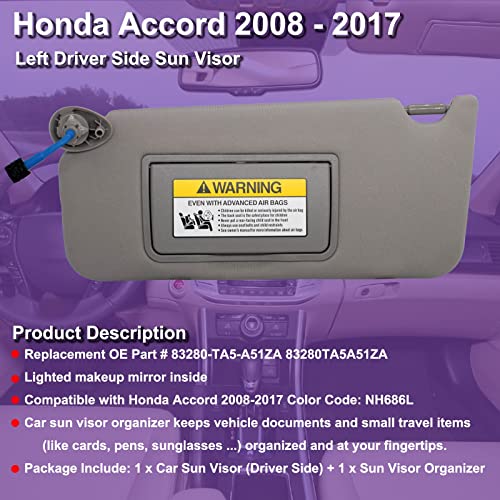 Left Driver Side Sun Visor Compatible with Honda Accord 2008 2009 2010 2011 2012 2013 2014 2015 2016 2017 with Light OEM : 83280-TA5-A51ZA (Grey)