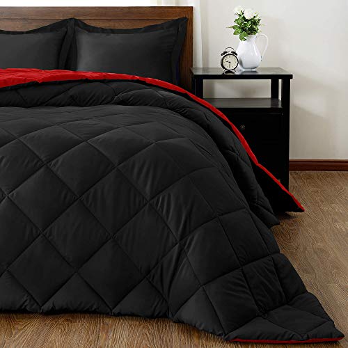 downluxe Lightweight Solid Comforter Set (Queen) with 2 Pillow Shams - 3-Piece Set - Red and Black - Down Alternative Reversible Comforter