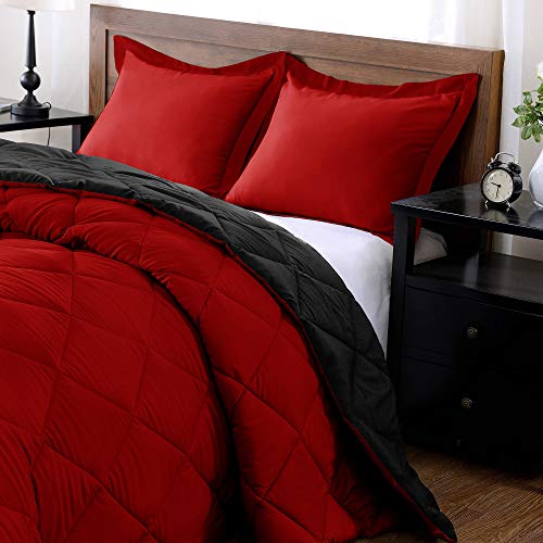 downluxe Lightweight Solid Comforter Set (Queen) with 2 Pillow Shams - 3-Piece Set - Red and Black - Down Alternative Reversible Comforter