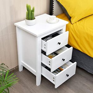 Safeplus Nightstand, Side Table with 3 Drawers, Bedroom Side Storage Cabinet Wooden End Table Accent Table Solid Wood Legs (White, 2 Pics)