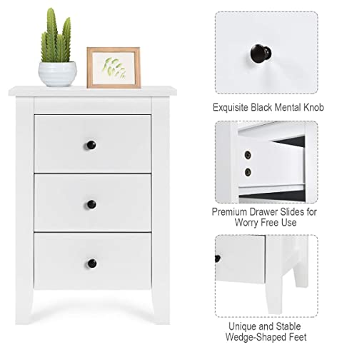 Safeplus Nightstand, Side Table with 3 Drawers, Bedroom Side Storage Cabinet Wooden End Table Accent Table Solid Wood Legs (White, 2 Pics)