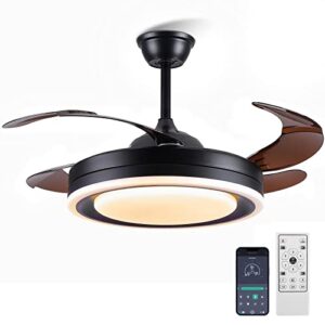 asyko retractable ceiling fans with lights and remote control – modern bladeless ceiling fans enclosed ceiling fan with led lighting for bedroom/living room/study (black 42″)