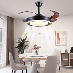 Asyko Retractable Ceiling Fans with Lights and Remote Control - Modern Bladeless Ceiling Fans Enclosed Ceiling Fan with LED Lighting for Bedroom/Living Room/Study (Black 42")