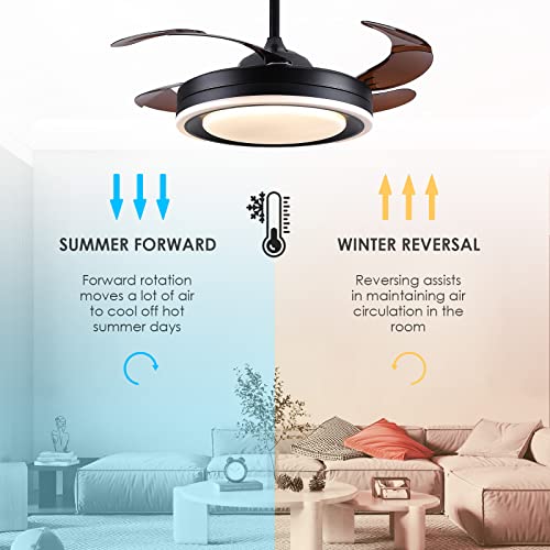 Asyko Retractable Ceiling Fans with Lights and Remote Control - Modern Bladeless Ceiling Fans Enclosed Ceiling Fan with LED Lighting for Bedroom/Living Room/Study (Black 42")