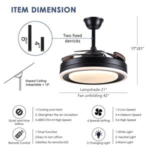 Asyko Retractable Ceiling Fans with Lights and Remote Control - Modern Bladeless Ceiling Fans Enclosed Ceiling Fan with LED Lighting for Bedroom/Living Room/Study (Black 42")